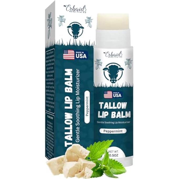 Erbaid BEEF TALLOW LIP BALM  NATURAL TALLOW BEESWAX CHAPSTICK  HYDRATING MOISTURIZER GRASS FED BISON TALLOW BALM LIP CARE  SOOTHES CHAPPED, DRY LIPS, SENSITIVE SKIN  LONG LASTING & VITAMIN RICH USA-MADE - Image 1